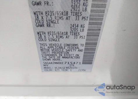 2014 Nissan Pathfinder Sl z USA, uszkodzony, nr VIN 5N1AR2MN0EC715471